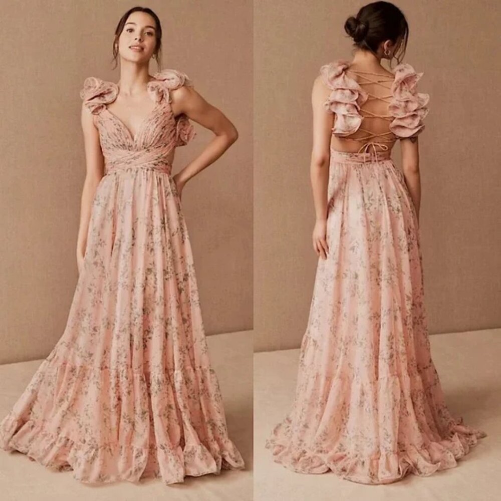 Mac Duggal Chiffon Maxi Gown Floral Backless Padded Cutout Ruffle Pink Green New